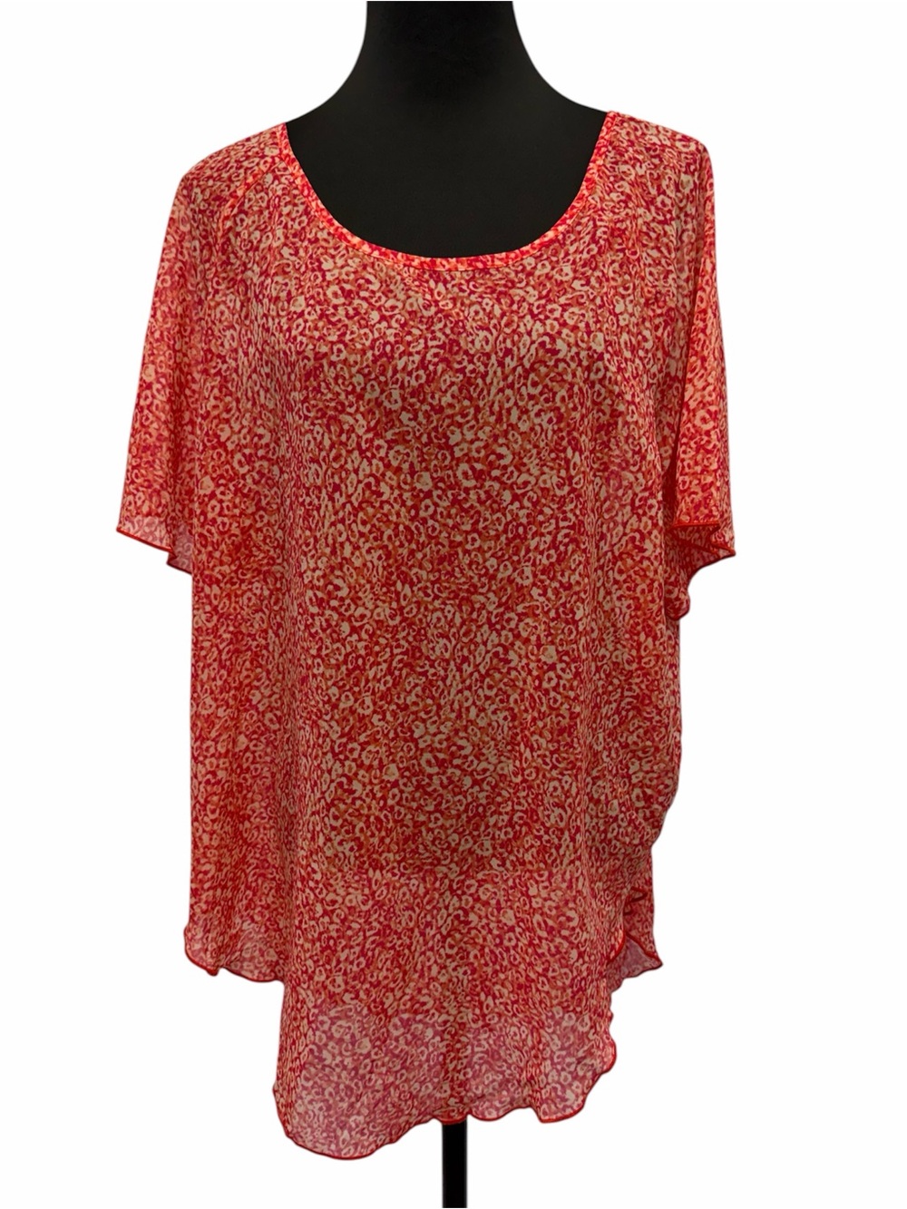 Double Take 1X Pink Orange Animal Print Chiffon Overlay Tunic Blouse Top Plus